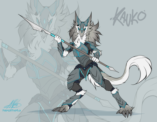 2017 4_toes 5_fingers ambiguous_gender armor blowup_background blue_eyes chest_tuft claws digital_media_(artwork) digitigrade feet fingers fluffy front_view fur grey_background grey_body grey_fur holding_object holding_weapon kauko_(neotheta) keel looking_aside male mane melee_weapon multiple_versions neotheta polearm sergal simple_background solo spear tail_tuft toe_claws toes tuft weapon white_body white_fur // 1280x996 // 689.9KB