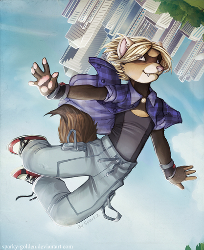 anthro biped blonde_hair building city clothing digital_media_(artwork) domestic_ferret falling hair hi_res iskra jumping male mammal marcel_the_ferret midair mustela mustelid musteline pawpads paws pink_nose shaded shirt solo topwear true_musteline // 1304x1600 // 1.8MB