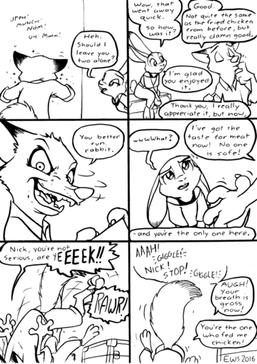 2016 anthro black_and_white buckteeth canid canine clothed clothing comic dialogue disney duo ears_back ears_down eating english_text eric_schwartz eyes_closed female food fox grin half-closed_eyes hi_res judy_hopps lagomorph laugh leporid male malefemale mammal monochrome narrowed_eyes nick_wilde open_mouth pivoted_ears pounce predatorprey rabbit sandwich_(food) sharp_teeth simple_background smile sound_effects teeth text white_background zootopia // 906x1280 // 309.7KB