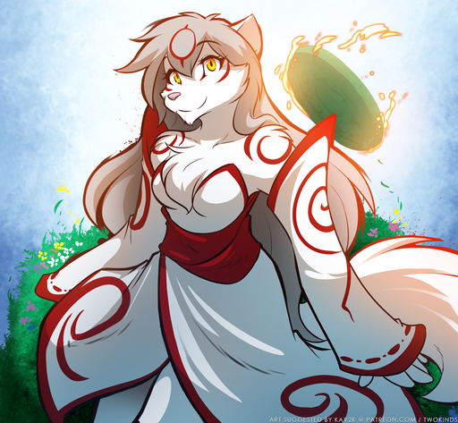 2017 amaterasu anthro breasts canid canine canis capcom chest_tuft cleavage clothed clothing conditional_dnp cosplay daww deity dress facial_markings female fire flower fur hair head_markings hi_res keidran long_hair looking_at_viewer mammal markings pink_nose plant raine_silverlock red_markings robe smile solo tom_fischbach tuft twokinds video_games webcomic webcomic_character white_body white_fur wolf yellow_eyes ōkami // 1300x1200 // 1.4MB