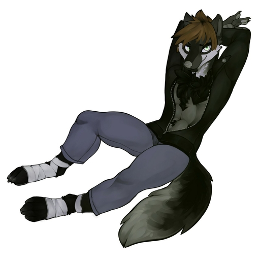 1:1 4_toes 5_fingers anthro biped brown_hair canid canine canis chest_tuft clothed clothing domestic_dog feet fingers green_eyes grey_nose hair hand_behind_head hi_res looking_at_viewer mammal redcreator simple_background sitting smile solo toes tuft white_background // 1280x1280 // 113.4KB