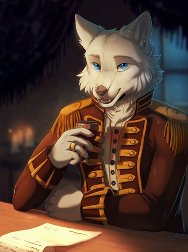 2015 5_fingers anthro biped blue_eyes canid canine canis clothed clothing detailed_background eyebrows fingers fur hioshiru looking_at_viewer male mammal open_mouth ring sitting solo tongue uniform white_body white_fur wolf // 731x976 // 654KB