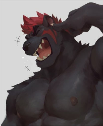 2017 anthro black_body black_fur black_nose bust_portrait claws eyebrows eyes_closed fangs felid fur grey_background hair kakula male mammal melanistic muscular muscular_anthro muscular_male nipples null-ghost open_mouth pantherine portrait red_hair simple_background solo // 413x505 // 17.4KB