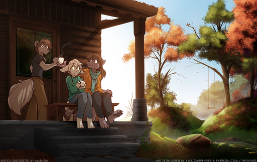 2017 anthro autumn barefoot basitin beverage brown_body brown_fur brown_hair building canid canine canis clothed clothing coffee conditional_dnp creek cup detailed_background digitigrade door ears_back english_text entwined_tails feet female fur grass group hair hi_res holding_object house keidran keith_keiser looking_back male mammal natani outside pawpads pivoted_ears plant porch scarf sibling sitting smile standing tail_coil tan_body tan_fur tan_hair text tom_fischbach tree twokinds url water webcomic webcomic_character wolf zen_(twokinds) // 1900x1200 // 2.8MB