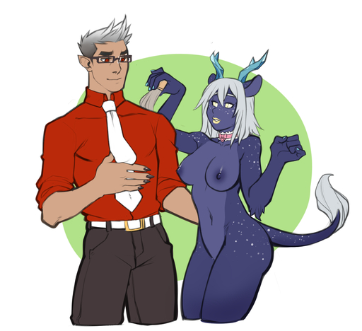 antlers breasts clothed clothing collar duo eyewear faint female glasses horn human male mammal nipples nude smile standing unknown_species // 1000x914 // 297KB