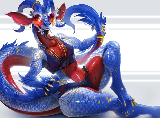 2021 anthro asian_mythology blue_body blue_fur blue_scales breasts clothing crop_top dragon ear_piercing ear_ring east_asian_mythology eastern_dragon eyewear fangs female fivel fur glasses holding_tail horn jewelry looking_at_viewer mythology necklace non-mammal_breasts piercing red_body red_scales scales shirt sitting solo tongue tongue_out topwear // 1500x1106 // 269.2KB
