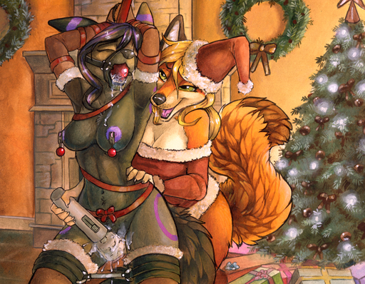 2016 alternate_color anthro anthrofied areola armwear artemis_(pokesona) ball_gag bdsm black_body black_fur black_hair blonde_hair bodily_fluids bondage bound box breasts brown_body brown_fur canid canine christmas christmas_clothing christmas_headwear christmas_tree cleavage clitoral clitoris clothed clothing dominant dominant_female drooling duo eeveelution eyes_closed fan_character female femalefemale fox fur gag gagged genital_fluids genitals gift green_eyes hair hat headgear headwear hitachi_magic_wand holidays inside legwear long_hair mammal markings mostly_nude navel nintendo nipple_clamp nipples open_mouth plant pokemon pokemon_(species) pokemorph purple_hair purple_markings purple_nipples pussy_juice ruaidri sabrena_valiche saliva santa_hat sex_toy submissive submissive_female traditional_media_(artwork) tree umbreon vibrator video_games // 1302x1013 // 2.4MB