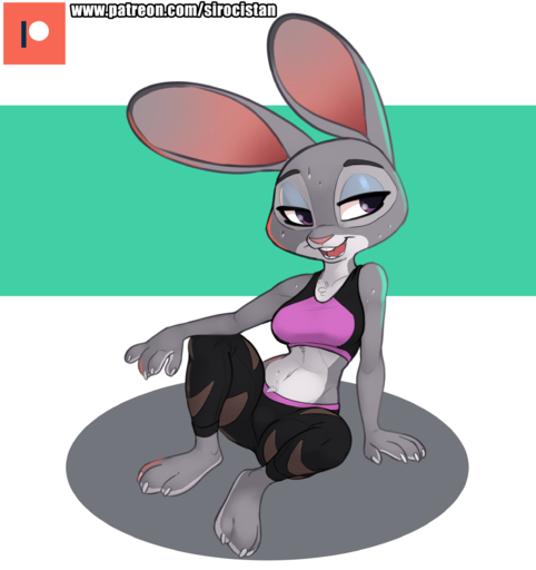 3_toes 4_fingers absurd_res anthro barefoot bodily_fluids bra buckteeth claws clothing feet female fingers hi_res judy_hopps lagomorph leporid mammal midriff open_mouth rabbit siroc sitting solo sports_bra spread_legs spreading sweat teeth toe_claws toes underwear yoga_pants // 2370x2517 // 1.2MB