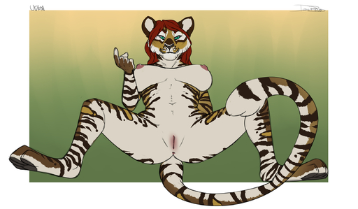 2015 anthro anus beckoning big_breasts biped breasts conditional_dnp felid female genitals gesture hair hi_res looking_at_viewer mammal nipples nude pantherine pussy red_hair seductive smile smirk solo spread_legs spreading stripes tiger xenoforge // 2348x1371 // 1.3MB