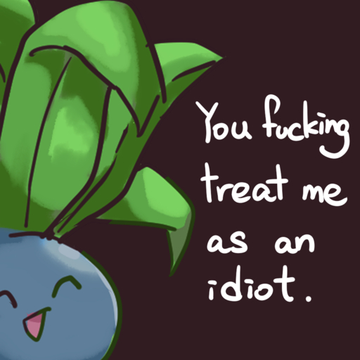 2021 ambiguous_gender brown_background dialogue english_text nintendo nohtuy18 oddish open_mouth pokemon pokemon_(species) profanity reaction_image simple_background solo text video_games // 1000x1000 // 371.1KB