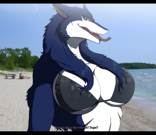 2011 anthro beach big_breasts bikini blue_sky breasts clothed clothing cloud day detailed_background digital_media_(artwork) ear_piercing english_text female lips mammal outside piercing sand seaside sergal skimpy sky solo swimwear text thick_bottom_lip tongue vallery_(walter_sache) walter_sache water // 900x776 // 480.4KB