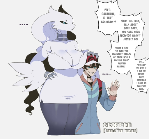 anthro big_breasts breasts cleavage clothed clothing dialogue female fur hand_on_hip hi_res human larger_female legendary_pokemon male mammal nintendo pokemon pokemon_(species) reshimom_(thiccwithaq) reshiram size_difference smaller_male thiccwithaq video_games white_body white_fur // 2048x1912 // 244.9KB