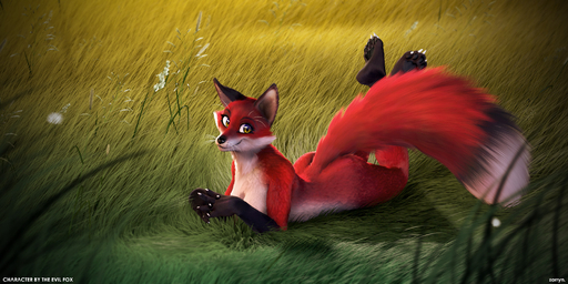 2:1 3d_(artwork) anthro biped black_pawpads butt canid canine cheek_tuft claws clothed clothing detailed_background digital_media_(artwork) english_text facial_tuft female fluffy fluffy_tail fox fur gloves_(marking) grass hi_res looking_at_viewer lying mammal markings nature nude on_front outside pawpads paws plant red_body red_fur scarlet_darkpaw smile solo text tuft whiskers yellow_eyes zorryn // 2000x1000 // 649.6KB