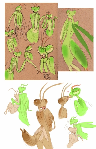 ! <3 ? ambiguous_gender antennae_(anatomy) anthro arthropod arthropod_abdomen duo embrace gesture hi_res insect insect_wings kissing mandibles mantis pointing seel_kaiser surprise wings // 1086x1682 // 363.7KB