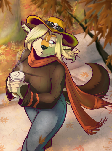 2011 anthro autumn beverage blonde_hair blue_eyes breasts canid canine canis clothing coffee conditional_dnp domestic_dog female food hair hat headgear headwear hi_res mammal one_eye_closed outside scappo scarf solo steam sweater topwear // 887x1200 // 774.6KB