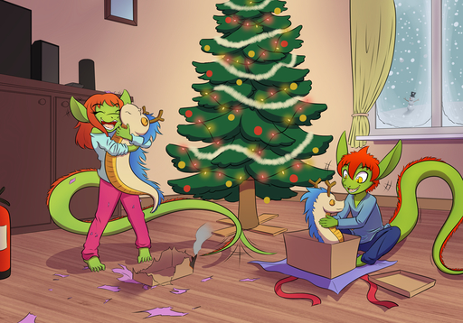 5_toes anthro barefoot christmas clothed clothing cub dragon dragonkai duo feet female fully_clothed gift happy holidays inside kai_(twin_dragons) kaya_(twin_dragons) male plantigrade plushie snow thenekoboi toes twin_dragons_(webcomic) webcomic_character young // 1280x894 // 1.1MB