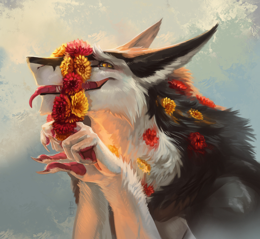 5_fingers ambiguous_gender black_body black_fur deadro digital_media_(artwork) fingers flower fur hi_res looking_at_viewer open_mouth plant semi-anthro sergal simple_background solo teeth tongue white_body white_fur yellow_eyes // 2000x1841 // 3.3MB