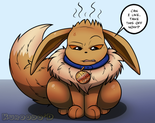 2016 annoyed brown_body brown_fur collar dialogue ears_down eevee english_text feral fur generation_1_pokemon hi_res humor kuroodod male mammal nude open_mouth pivoted_ears pokemon_(species) sam_(kuroodod) signature simple_background sitting solo speech_bubble teeth text video_games // 1656x1320 // 897.7KB