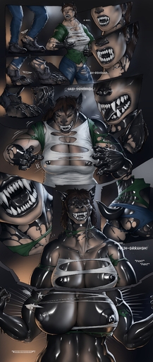 2019 absurd_res big_breasts black_nipples breast_expansion breasts brown_hair canid canine clothed clothing digital_media_(artwork) expansion eyes_closed glistening growth gynomorph hair hi_res intersex mammal muscle_growth nipples open_mouth rakisha rubber solo teeth tongue torn_clothing transformation were werecanid werecanine werewolf // 1600x3777 // 1.3MB