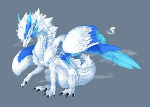 2019 4_toes ambiguous_gender blue_body blue_feathers claws dragon feathered_dragon feathered_wings feathers feet feral grey_background hair horn scales shirounagi simple_background solo toes white_body white_feathers white_hair white_scales wings // 1024x732 // 564KB