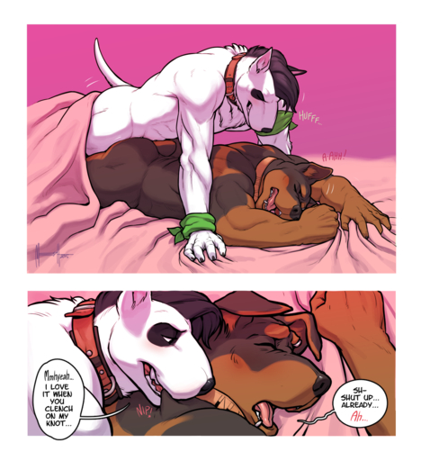 2015 abs anal anal_knotting anal_penetration anthro anthro_on_anthro bed biceps bigmaster bite black_hair black_nose blush brown_body brown_fur bull_terrier canid canine canis clenched_teeth collar comic dialogue digital_media_(artwork) domestic_dog duo english_text eyes_closed from_behind_position fucked_silly fur furniture hair hi_res hunting_dog knotting looking_pleasured lying male malemale male_penetrated male_penetrating male_penetrating_male mammal mastiff meesh moan molosser muscular muscular_male nevarrio nibbling nude on_bed on_front open_mouth passionate peable pecs penetration rottweiler sex shoulder_bite speed_bump_position teeth terrier text thrusting tongue under_covers white_body white_fur // 1100x1203 // 794.2KB