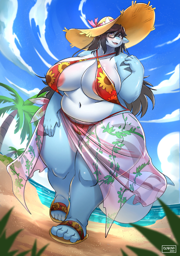 2021 anthro areola areola_slip beach big_breasts black_hair blue_body breasts clothing cloud curvy_figure detailed_background dragon dragonmom_(rayka) eyewear female footwear glasses hair hi_res long_hair mature_anthro mature_female non-mammal_breasts ocaritna outside overweight overweight_anthro overweight_female palm_tree plant sandals scalie seaside signature sky sun_hat thick_thighs tree voluptuous wide_hips // 1518x2150 // 2.4MB