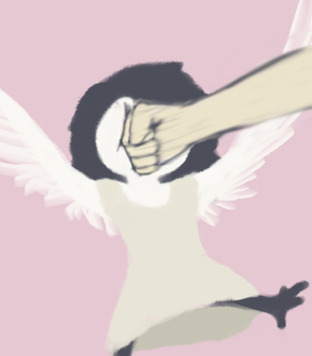 2019 ambiguous_gender avian bird bubo_(genus) clothed clothing digital_media_(artwork) disembodied_hand duo feathers female female_focus fist hair ow owl punch snowy_owl solo_focus talons thousandfoldfeathers true_owl vivian_rose white_body white_feathers wings // 482x550 // 128.9KB