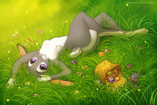 3:2 anthro basket breasts butt claws digital_media_(artwork) disney easter_egg female fur grass grey_body grey_fur hands_above_head iskra judy_hopps lagomorph leporid looking_at_viewer lying mammal multicolored_body multicolored_fur nipples nude on_back outside plant purple_eyes rabbit scut_tail shaded smile solo text toe_claws two_tone_body two_tone_fur url white_body white_fur zootopia // 900x600 // 1.0MB
