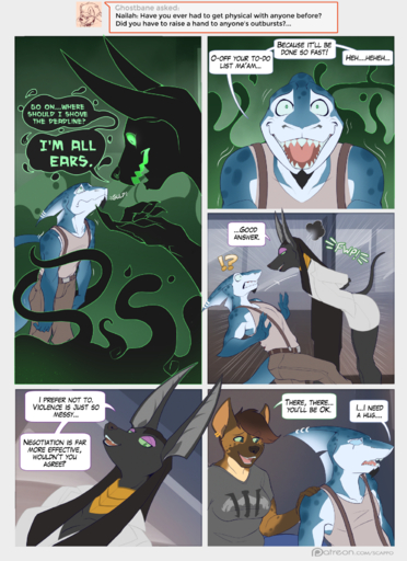 ! ? anthro anubian_jackal ask_blog canid canine canis clothing comic conditional_dnp english_text female fish hi_res hyaenid jackal jasper_(scappo) kaila_(scappo) male mammal marine monster nailah scappo shark spotted_hyena text true_fear // 1198x1650 // 2.3MB