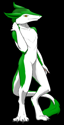 absurd_res alpha_channel anthro biped digitigrade featureless_crotch fur green_body green_fur hi_res nadnerbd sergal simple_background solo standing transparent_background white_body white_fur yellow_eyes // 1478x2893 // 588KB