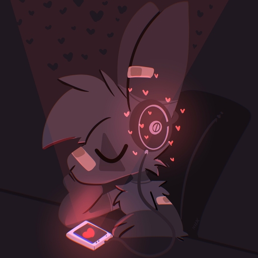 1:1 <3 absurd_res anthro band-aid band-aid_on_nose bandage black_background black_body black_fur cellphone cheek_tuft chest_tuft eyes_closed facial_tuft fur grey_body grey_fur headphones hi_res lagomorph leporid male mammal nick_(the_xing1) phone rabbit shoulder_tuft simple_background smartphone solo the_xing1 tuft // 3000x3000 // 208.3KB
