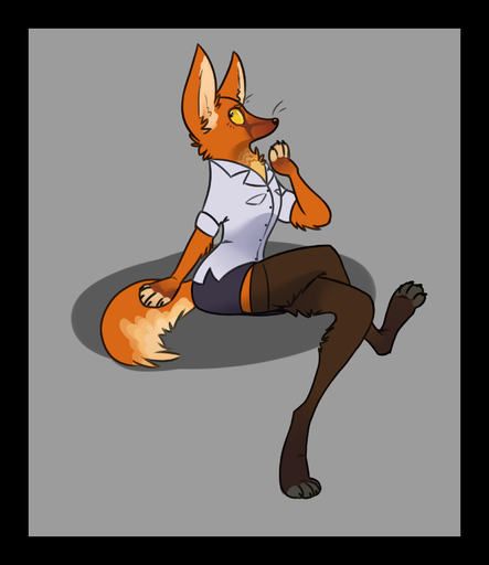 ambiguous_gender anthro biped black_border border bottomwear canid canine claws clothing digitigrade fox fur grey_background hi_res legwear looking_back mammal shirt simple_background siroc sitting skirt solo thigh_highs topwear whiskers yellow_sclera // 1716x1983 // 359KB