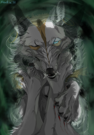 2014 anthro black_lips black_nose blood blue_eyes bodily_fluids canid canine canis claws duo feral haurin_(hauringu) hauringu hi_res lips looking_at_viewer mammal one_eye_closed open_mouth teeth wolf // 1024x1468 // 1.2MB