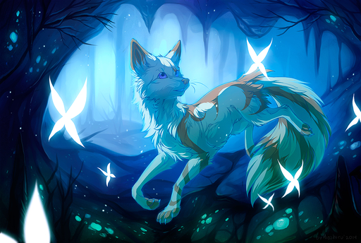 2014 ambiguous_gender canid canine cave detailed_background digital_media_(artwork) feral fluffy fluffy_tail fox fur glowing hioshiru inner_ear_fluff mammal nude orange_body orange_eyes orange_fur paws pink_nose solo tuft whiskers white_body white_fur // 1111x746 // 1.1MB