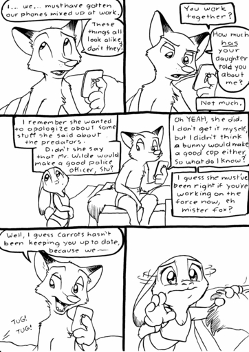 2016 anthro bed black_and_white canid canine carrot cellphone chest_tuft clothed clothing comic dialogue disney duo english_text eric_schwartz female food fox furniture hi_res inside judy_hopps lagomorph leporid male mammal monochrome nick_wilde phone plant predatorprey rabbit shaking_head sitting skimpy standing tail_grab text topless tuft tugging underwear vegetable zootopia // 906x1280 // 265.3KB