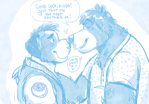 2016 <3 ? anthro anthro_on_anthro blue_and_white boop canid canine canis clothed clothing dialogue digital_media_(artwork) domestic_dog dramamine duo english_text exclamation_point eyebrows eyes_closed floppy_ears fur hair interspecies male malemale mammal molosser monochrome mountain_dog nose_boop polo_shirt romantic romantic_couple saint_bernard shirt side_view simple_background smile snout speech_bubble text topwear ursid // 953x671 // 443.1KB