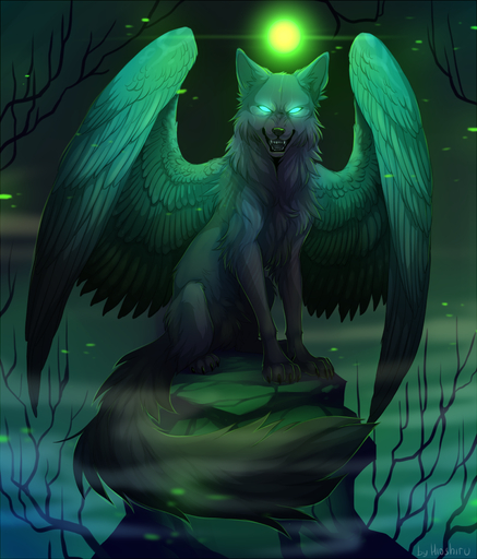 ambiguous_gender black_lips black_nose canid canine canis claws feathered_wings feathers feral fluffy fluffy_tail glowing glowing_eyes hindpaw hioshiru hybrid lips looking_at_viewer mammal open_mouth paws sitting solo teeth wings wolf // 939x1100 // 786KB