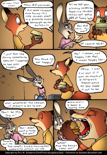 absurd_res anthro avian bird bodily_fluids buckteeth canid canine carnivore chicken clothed clothing color_edit colored comic dialogue diavololo disney drooling duo ears_back eating edit english_text eric_schwartz eyes_closed female food fox galliform gallus_(genus) half-closed_eyes hi_res judy_hopps lagomorph leporid male mammal narrowed_eyes nick_wilde open_mouth phasianid pivoted_ears rabbit saliva sandwich_(food) sharp_teeth smile teeth text tongue url zootopia // 1812x2628 // 2.3MB