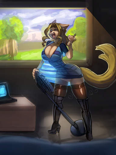 anthro big_breasts blonde_hair blue_clothing blue_eyes breasts cheese_quesadilla clothing computer day digital_media_(artwork) felid female general-irrelevant genitals hair hi_res inside laptop legwear looking_up mammal mechanical_fan open_mouth pattern_clothing pussy smile solo standing striped_clothing stripes thigh_highs tongue tongue_out window // 1080x1440 // 590.6KB