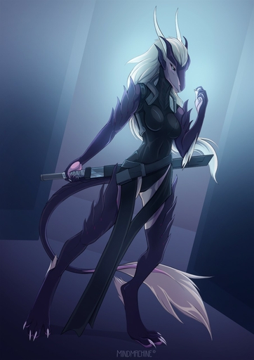2018 4_toes 5_fingers anthro barefoot biped breasts clothed clothing digital_media_(artwork) dragon feet female fingers hair hi_res holding_object holding_sword holding_weapon melee_weapon mindmachine non-mammal_breasts pale_eyes reptile scalie smile solo sword toes unknown_species weapon white_hair // 905x1280 // 120.6KB