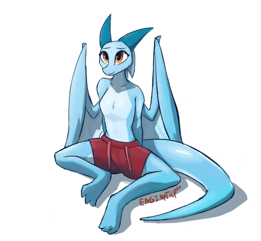 2020 anthro blue_body bottomwear breasts clothed clothing dragon enginetrap female hi_res horn membrane_(anatomy) membranous_wings scalie shorts simple_background sitting small_breasts smile solo syl_(enginetrap) topless western_dragon white_background wings // 2128x1963 // 1.2MB