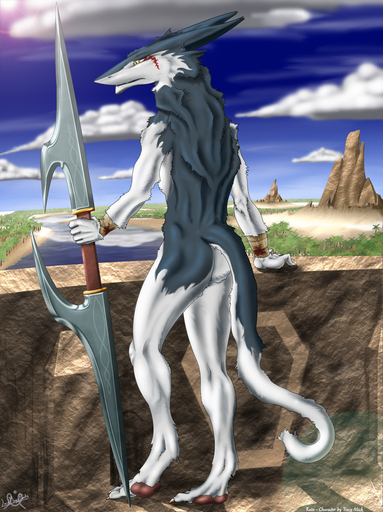 ambiguous_gender anthro detailed_background holding_object holding_weapon lord_magicpants mammal nude rain_silves sergal sky solo weapon // 749x1000 // 270.3KB