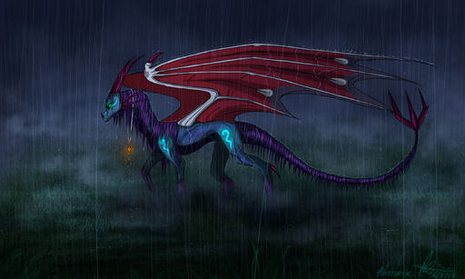 5:3 ambiguous_gender dragon female feral glowing glowing_eyes grass hair hi_res horn membrane_(anatomy) membranous_wings neytirix nude outside plant purple_hair raining solo wings // 2835x1701 // 2.4MB