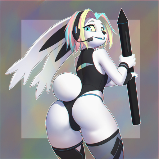 1:1 2021 absurd_res anthro biped bottomwear butt clothed clothing female hair headphones hi_res holding_object lagomorph leporid long_ears mammal multicolored_hair pix_(piczel) rabbit rear_view smile tablet_pen topwear w4g4 // 3000x3000 // 7.8MB