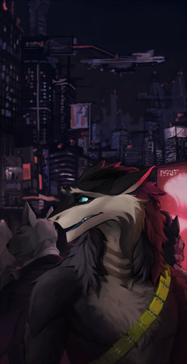 2015 amazing_background anthro biped black_body black_clothing black_fur black_topwear blue_eyes building canid canine canis city clothed clothing detailed_background digital_media_(artwork) domestic_dog duo fur futuristic hi_res jovann male mammal multicolored_body multicolored_fur open_mouth sergal solo_focus standing suit topless topwear two_tone_body two_tone_fur white_body white_fur whiteleonard // 617x1200 // 574.2KB
