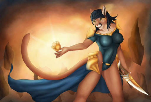 5_fingers anthro black_hair claws clothed clothing cougar ear_piercing felid feline female fingers fur hair holding_object holding_weapon mammal melee_weapon merrunz nipple_outline orange_sclera piercing solo tan_body tan_fur weapon // 1200x810 // 87.7KB