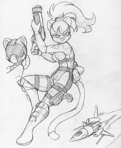 aircraft anthro boots clothed clothing conditional_dnp domestic_cat felid feline felis female footwear fur guide_lines gun hair handgun holding_gun holding_object holding_weapon jay_naylor mammal monochrome pistol ponytail ranged_weapon sketch solo traditional_media_(artwork) weapon // 478x585 // 94.4KB