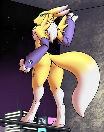 anthro breasts city digimon digimon_(species) female furball_(artist) hi_res mammal mostly_nude night night_sky rear_view renamon side_boob sky solo standing star starry_sky // 950x1200 // 1.1MB