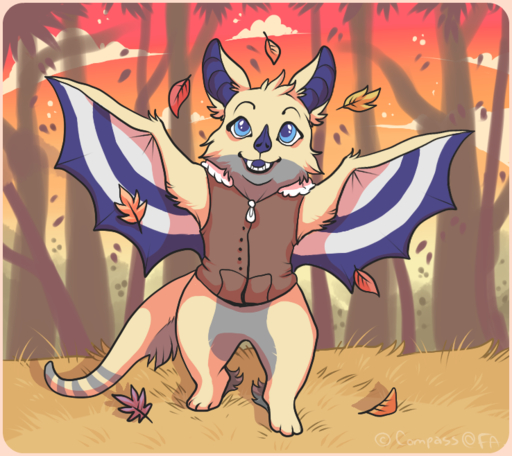 3_toes anthro barefoot biped blue_eyes bottomless cel_shading chibi chiropteran clothed clothing compass_(artist) day feet front_view fur grass grey_body grey_fur hybrid leaf looking_at_viewer male mammal membrane_(anatomy) membranous_wings open_mouth open_smile outside plant shaded sky smile solo spread_wings standing toes topwear tree vest wings // 738x658 // 492.5KB