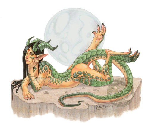 2008 5_toes animal_humanoid black_hair breasts dragon dragon_humanoid feet female green_body green_scales hair horn humanoid katie_hofgard scales solo toes traditional_media_(artwork) // 700x600 // 458.1KB
